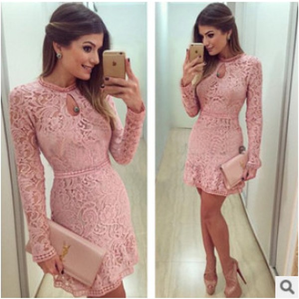 New Arrive Vestidos Women Fashion Casual Lace Dress 2016 O-Neck Long sleeve Pink Evening Party Dresses Vestido de festa