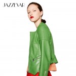 New Autumn Fashion Street Women's Washed PU Leather Jacket Zipper Apple Green Color Short Ladies Basic Jackets Top Quality