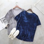 New Casual V Neck Velvet Top Basic T Shirt Women Short Sleeve Warm Velour T-shirts Ladies Solid Sexy Tee Tops Femme 1261