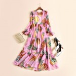 New Cute pink Pineapple fruit patterns print women chiffon long sleeve dress pleated bohemian casual dresses 2017 spring summer