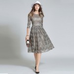 New Europe  Autumn High-end Gold Lace Sheet Embroidery Vintage Elegant Dress Slim Pleated Beam Waist Casual Dresses C784