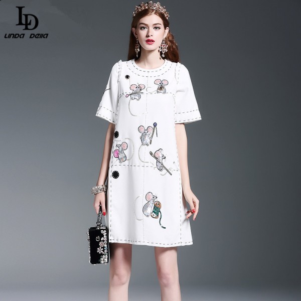 New Fashion 2016 Runway Dress Women's High Quality Animal Mouse Sequin Beading Casual Loose Straogjt Dress 