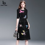 New Fashion 2016 Runway Dress Women's High Quality Half Sleeve Luxury Birds Beading Sequin Black Knee Length Dress 