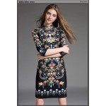 New Fashion 2016 Runway Dress Women's High Quality Seven Sleeve Luxury Print Vintage Knee Length Dress