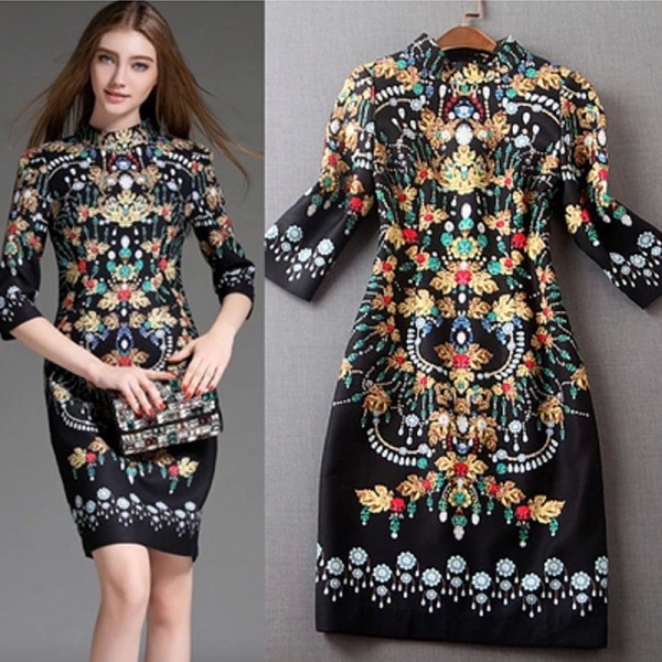 New Fashion 2016 Runway Dress Women's High Quality Seven Sleeve Luxury Print Vintage Knee Length Dress