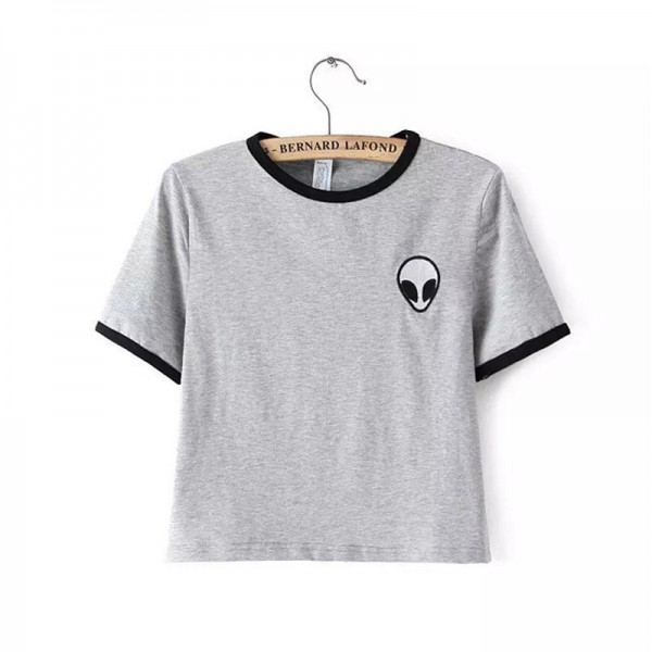 New Fashion Alien Embroidery Short Style Women T Shirts O-Neck Short Sleeve Tees Tops