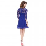 New Fashion Royal Blue Chiffon Lace Women Clothing A-Line 3/4 Sleeve Sexy Illusion Lace Casual Dress Short Hot Selling Promotion