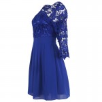 New Fashion Royal Blue Chiffon Lace Women Clothing A-Line 3/4 Sleeve Sexy Illusion Lace Casual Dress Short Hot Selling Promotion