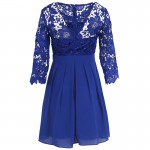 New Fashion Royal Blue Chiffon Lace Women Clothing A-Line 3/4 Sleeve Sexy Illusion Lace Casual Dress Short Hot Selling Promotion