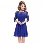 New Fashion Royal Blue Chiffon Lace Women Clothing A-Line 3/4 Sleeve Sexy Illusion Lace Casual Dress Short Hot Selling Promotion