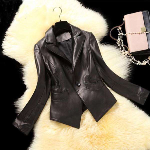 New Fashion Spring Women Brand Sheepskin Genuine Leather Jackets Black Long Sleeve Single Button Motorcycle Jacket Coat Hot