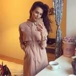 New Runway 2016 Women Autumn Dress Ladies Solid Turn-Down Collar Full Sleeve One Piece  Blouse Dresses Black Pink Vestido