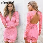 New Sexy Lace Crochet Hollow Out Dress Women Backless Short Vestidos 2017 Bow Tied Robe Femme Deep V Neck Mini Party Dresses C63