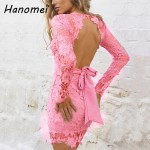 New Sexy Lace Crochet Hollow Out Dress Women Backless Short Vestidos 2017 Bow Tied Robe Femme Deep V Neck Mini Party Dresses C63