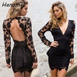 New Sexy Lace Crochet Hollow Out Dress Women Backless Short Vestidos 2017 Bow Tied Robe Femme Deep V Neck Mini Party Dresses C63