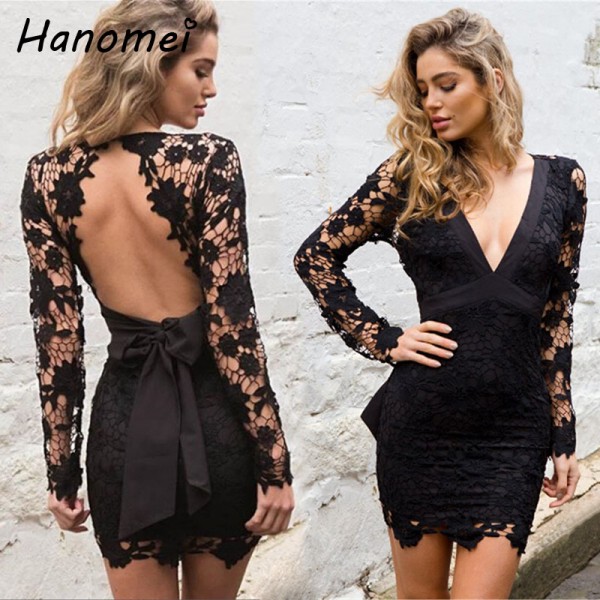 New Sexy Lace Crochet Hollow Out Dress Women Backless Short Vestidos 2017 Bow Tied Robe Femme Deep V Neck Mini Party Dresses C63