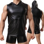 New Sexy PU Faux Leather T-Shirts Hooded Cool Men Night Tight Shirts Leather Slim Shirt Vest  High Quality FX1022