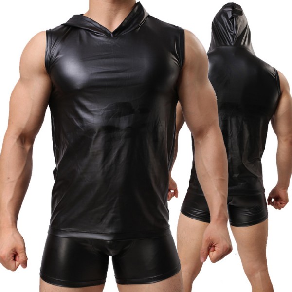 New Sexy PU Faux Leather T-Shirts Hooded Cool Men Night Tight Shirts Leather Slim Shirt Vest  High Quality FX1022