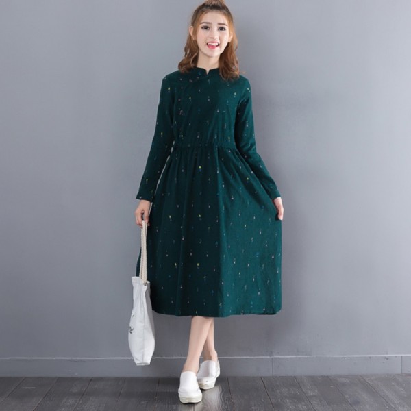 New Spring Autumn Mori Girl Maxi Long Dress Stand Collar Corduroy Women Green Vestidos Full Sleeve Printed Elegnat Slim Dresses 