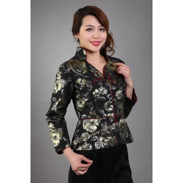 New Style Black Chinese Lady Satin Jacket Autumn Winter Long Sleeve Coat Elegant Flower Overcoat Size S M L XL XXL XXXL M-46