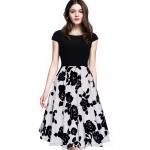 New Summer Fashion Women Tropical Swing A-line Dresses Elegant Short Sleeve Round Neck Fresh Floral Print Patchwork Dress A009