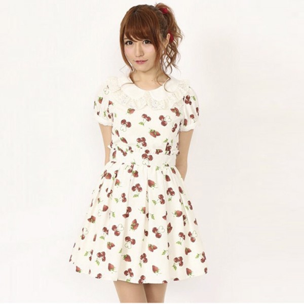 New Summer Lolita Pink Strawberry Cherry Dress Chiffon Fashion Cute Lovely Preppy Style Female Kawaii Women Japan Brand dresses