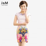 New Summer Women National Vintage Dress Flower Floral Print Sheath Fashion Embroidery Party Dress 2XL Plus Size Women Dress Pink