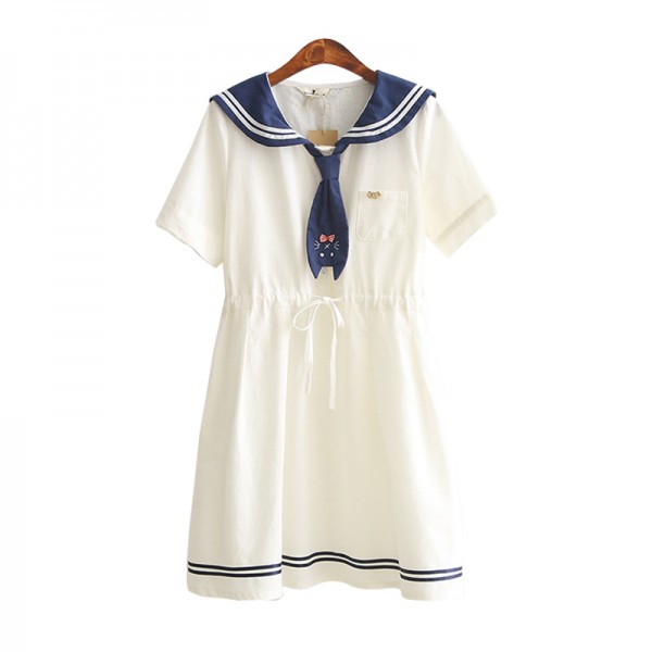 New Summer ladies sailor collar cat embroidery white dress preppy style dresses Girl casual vestidos 