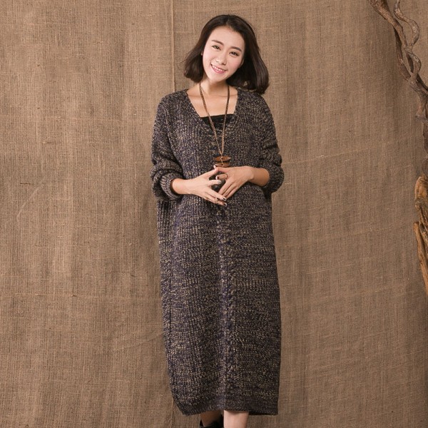 New Thickened Pullover Dress 2018 Fall Winter Long Sleeve V Neck Loose Plus Size Cotton Linen Mori Girl Knitted Long Dress