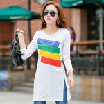 New Winter  T Shirt Long Tunic Tops Long Sleeve T-shirts For Women Fashion Patchwork Cotton Female T-shirt Camisas Femininas  