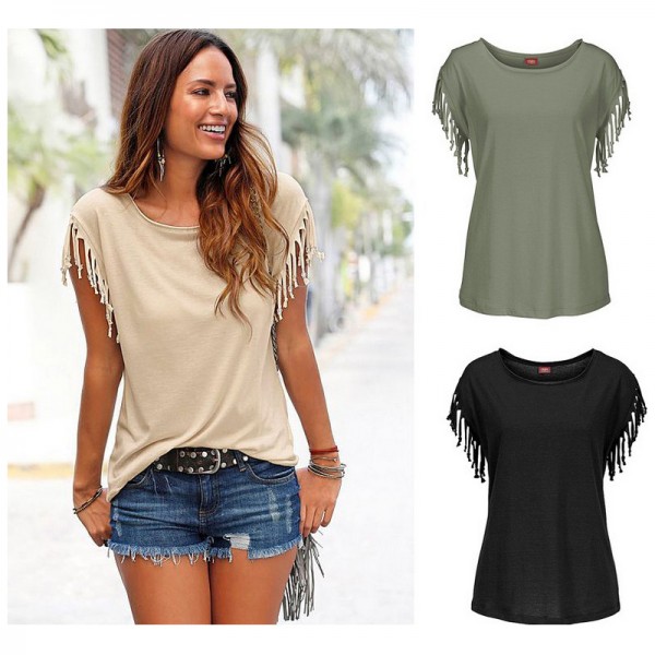 New Women Shirts Short Sleeve Shirt Summer Cotton Tassel Short Sleeve Tee Shirt Casual Black T Shirts Women O-Neck Plus Size