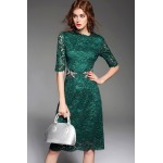 New arrival 2016 autumn fashion women sexy sheath cute animal diamonds beading dress half sleeve green lace dresses