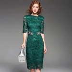 New arrival 2016 autumn fashion women sexy sheath cute animal diamonds beading dress half sleeve green lace dresses