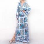 New arrival 2016 spring summer brand fashion women porcelain print dress long maxi side slit bow waist casual dresses gown robe