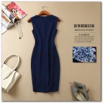 New arrival 2016 summer brand high quality women elegant fashion embroidery sexy dress sheath sleeveless navy blue dresses