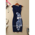 New arrival 2016 summer brand high quality women elegant fashion embroidery sexy dress sheath sleeveless navy blue dresses