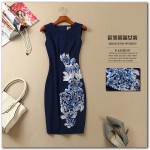 New arrival 2016 summer brand high quality women elegant fashion embroidery sexy dress sheath sleeveless navy blue dresses