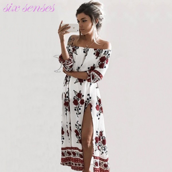 New fashion women dress spring summer print slash neck off shoulder bohemian beach casual long women split clothing,HH0113