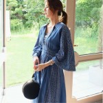 New retro blue long dress V-neck sweet vintage loose slim maxi blue dress printing elegant holiday long dress Korea style dress