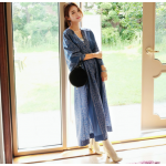 New retro blue long dress V-neck sweet vintage loose slim maxi blue dress printing elegant holiday long dress Korea style dress