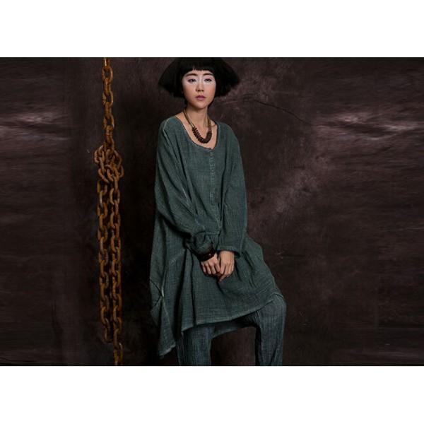 New spring autumn Women's irregular cotton linen dress long sleeve O-neck vintage dresses  for female clothes  850108