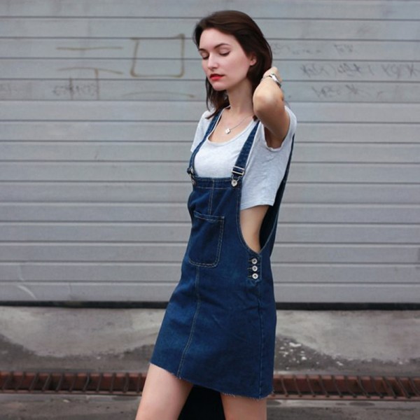 New stylish denim sundress dress summer female solid color adjustable straps