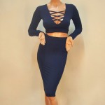 New women sexy hollow out bandage bodycon club party dresses two piece outfits long sleeve midi slim winter autumn dress