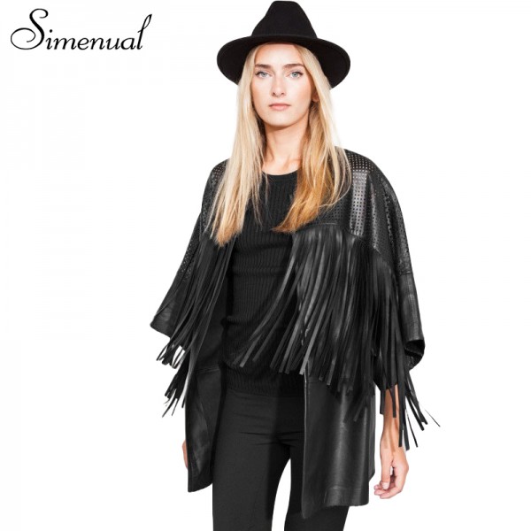 New womens long PU leather jackets and coats 2015 fashion fringe black hollow out jaqueta de couro feminina slim cardigans women