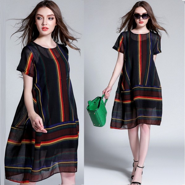 New2016 Summer Women colorful stripe Cotton Linen loose Dress twinset elegant dress linen dress+sleeveless tank dress XXXXL 6171