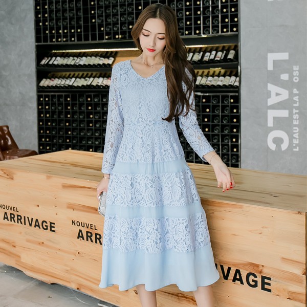 New2017Spring Lace long Dress V neck elegant cultivating Female beautiful party Dress Casual Vestidos plus size tunics XXXXL3996