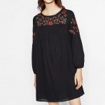 Newest 2017 Floral Embroidery Dress O-neck Long Sleeve Black Mini Vestidos Loose Casual Women Dresses NNWM1688