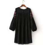 Newest 2017 Floral Embroidery Dress O-neck Long Sleeve Black Mini Vestidos Loose Casual Women Dresses NNWM1688