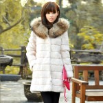 Newest Real Sheared Rabbit Fur Long Coat with Raccoon Fur Hooded Overcoat Women Winter Warm Outerwear Coats Garment