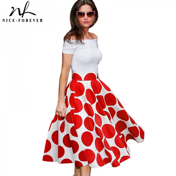 Nice-forever 50s Fashion Slash Neck Ladylike Vintage Charming Print Dot Off shoulder Party Ball Gown Formal Woman Dress A015